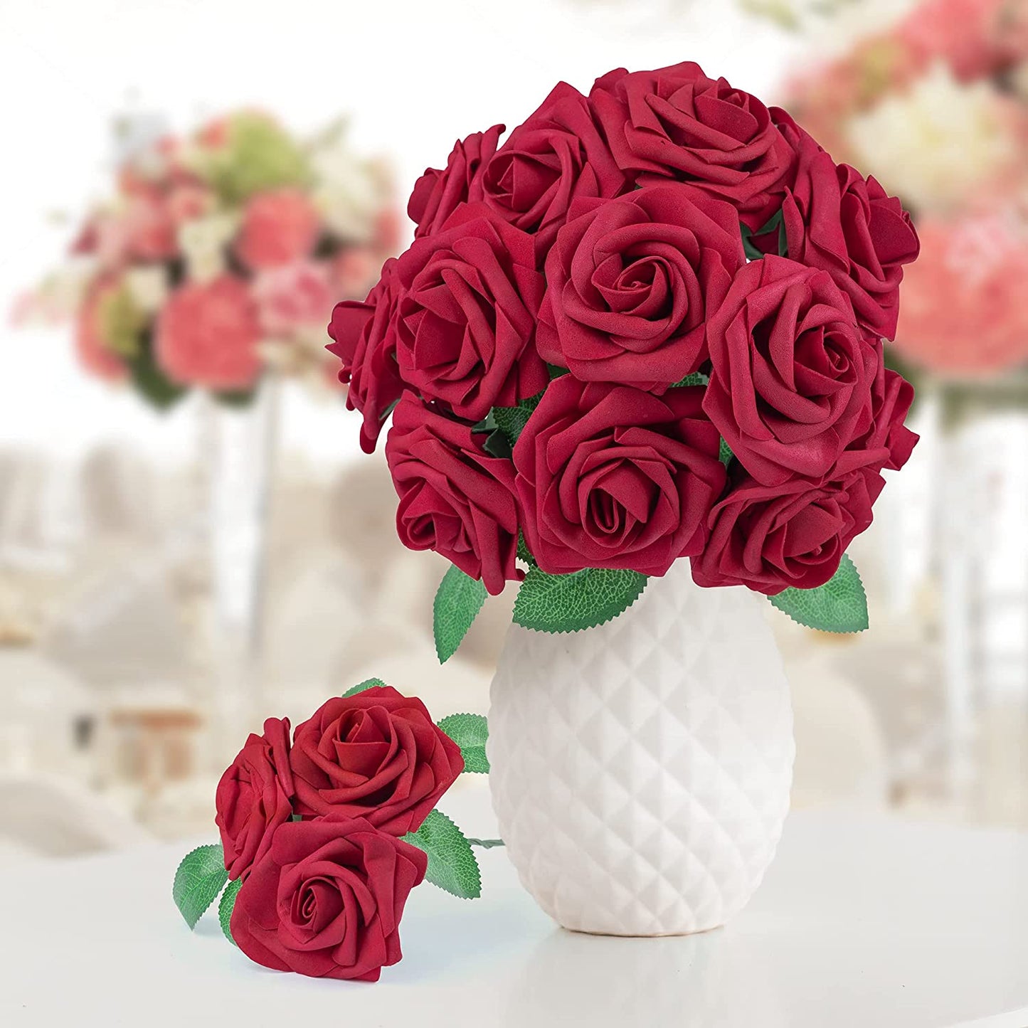 50Pcs Red Roses Artificial Flowers, Dark Red Fake Roses Foam Rose Bulk w/ Stem