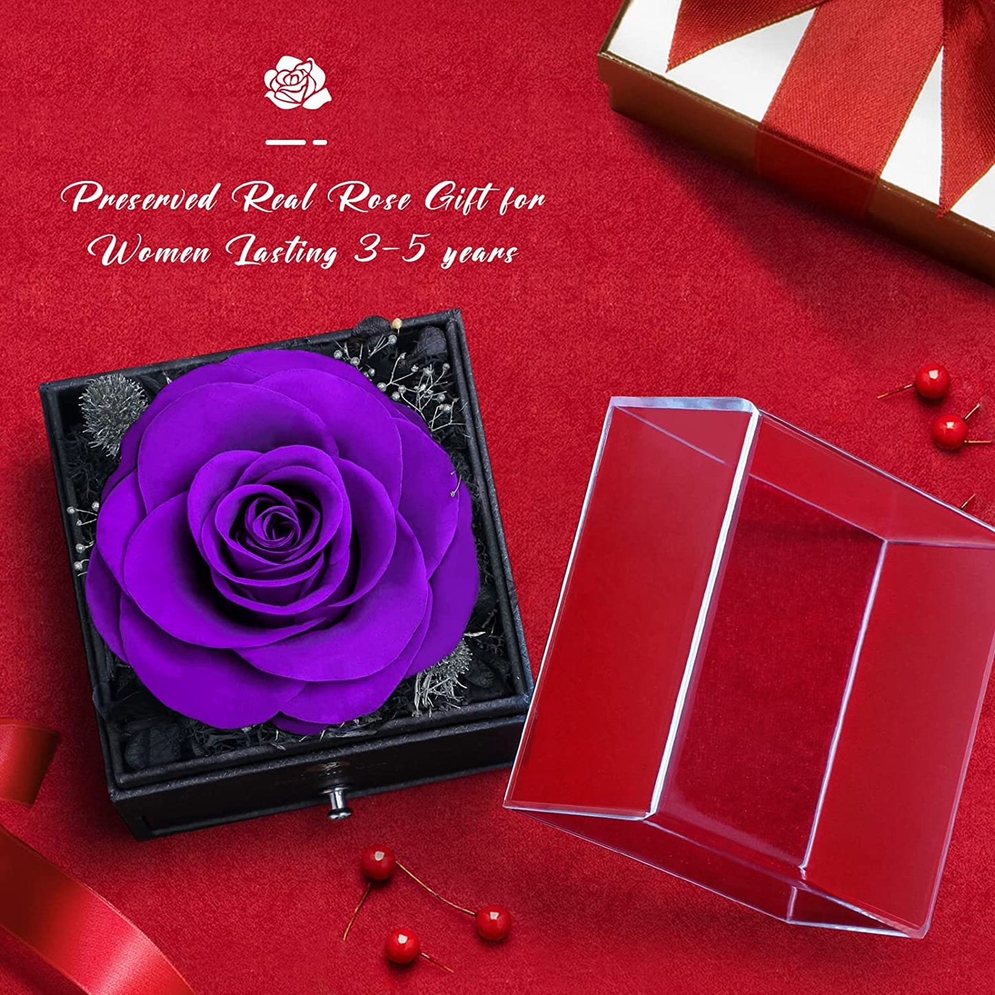 Valentines Day Gifts for Her-Preserved Real Purple Rose Eternal Flowers w/ Austria Crystal Necklace