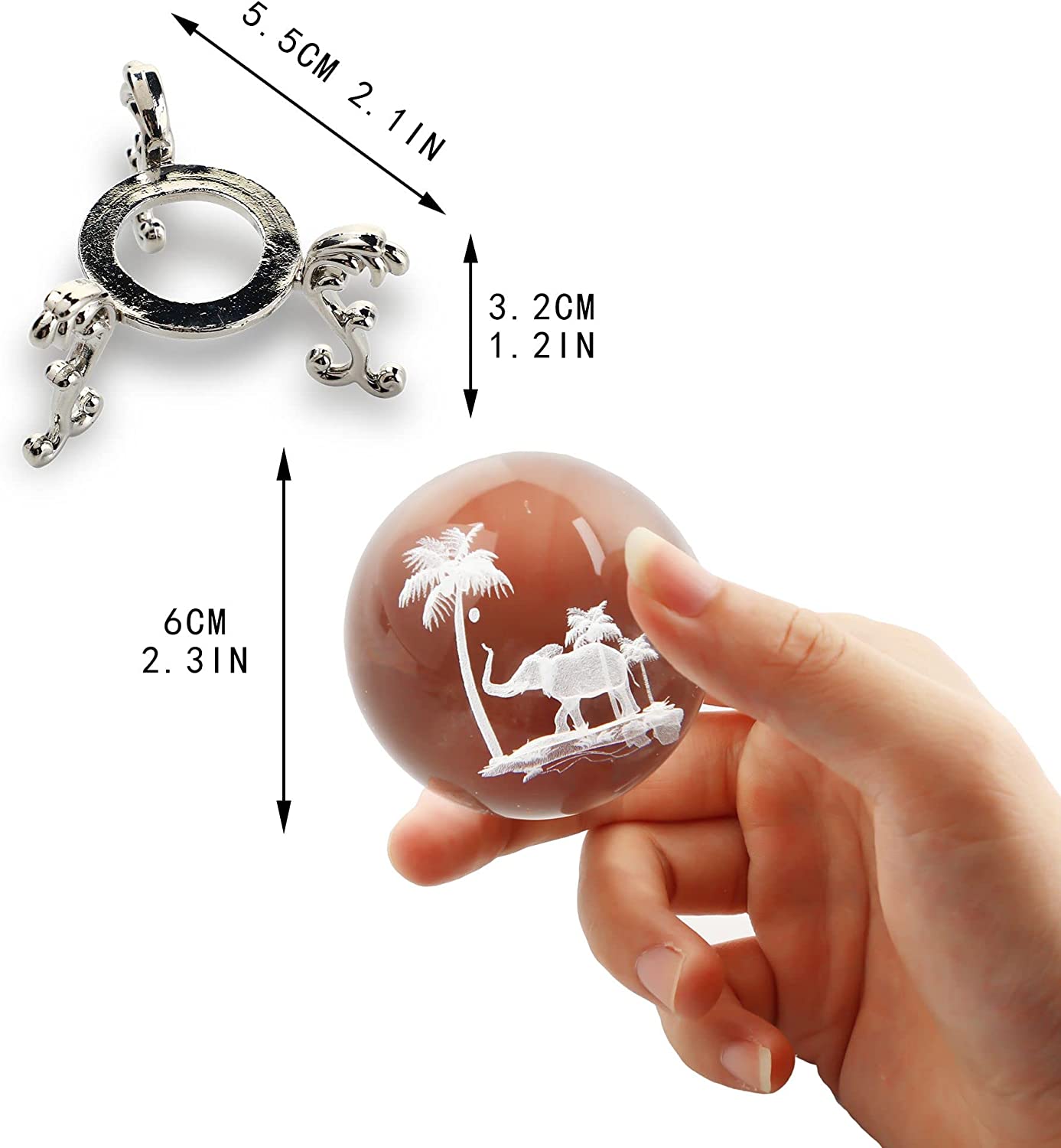 Tropical Elephant Crystal Ball Paperweight w/ Stand 60mm 3D Laser Engraved (Clear) Elephant-2