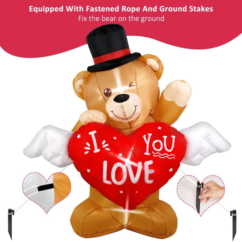 4 FT Valentines Day Inflatable Teddy Bear Outdoor Decoration w/ Love Heart, LED Light