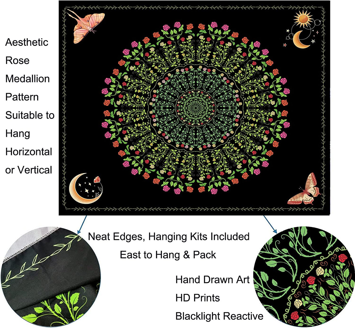 Valentines Day Gift Tapestry Glow in the Dark Pink Roses, Aesthetic Mandala Flower 48"x36"