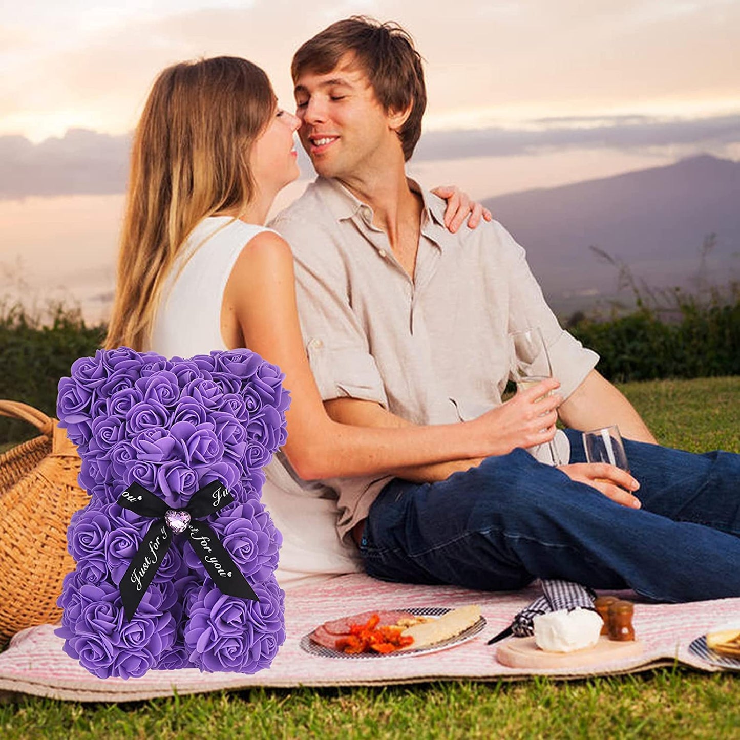 Rose Teddy Bear Flower with Heart-shaped Diamond for Valentine's Day, Purple