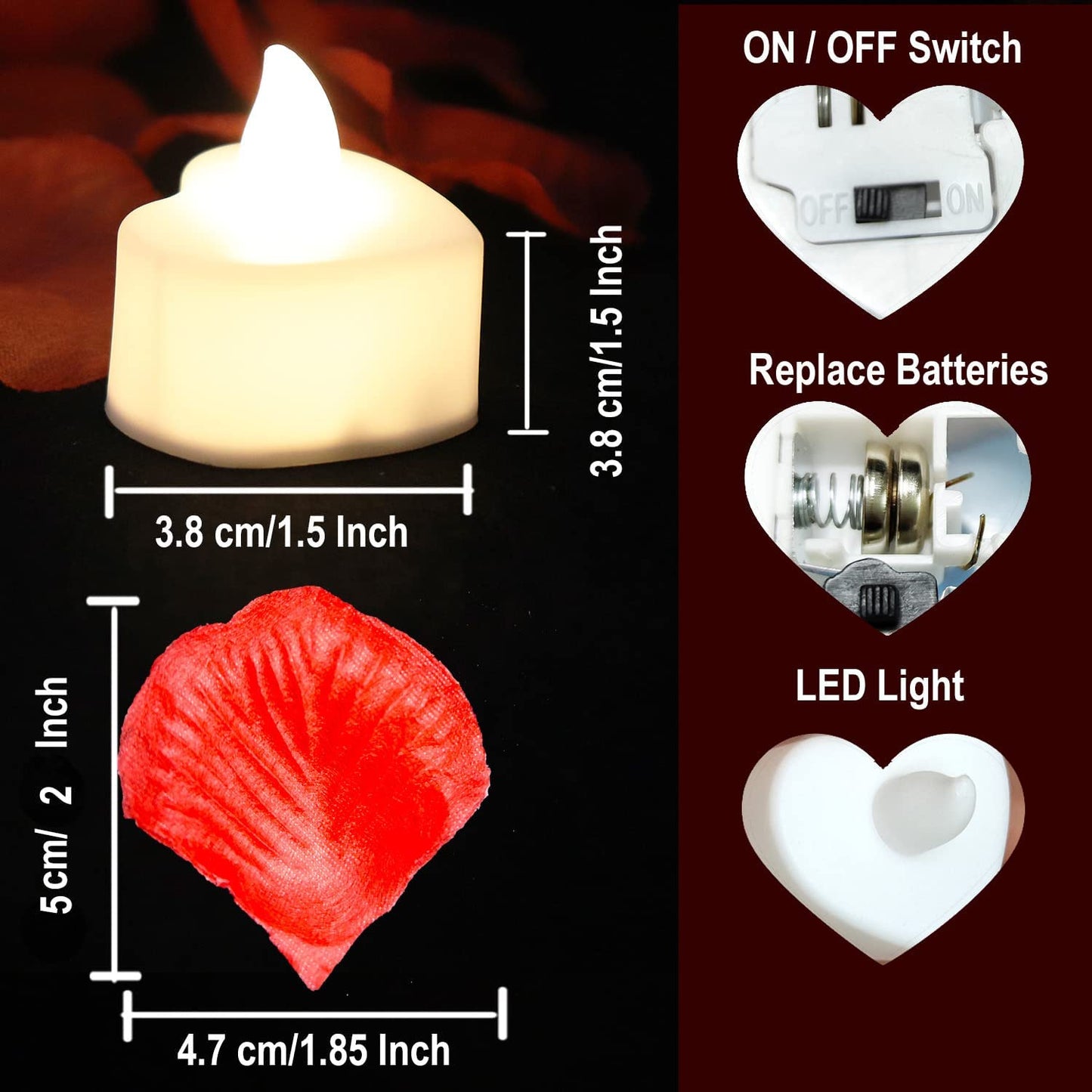 1000 Pieces Artificial Rose Petals with 24Pcs Heart Shaped LED Candles Flameless, Warm White