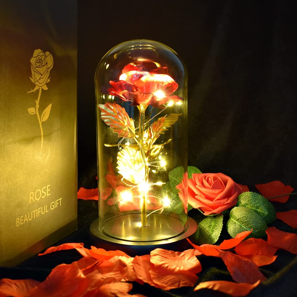 Galaxy Rose in Glass w/ LED Light, Colorful Rose Flower, Valentine's Day (10.2X5.5X5.5in) (Red)