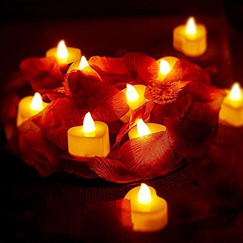 12 Pieces Heart Shape LED Tealight Candles w/ 200 Pieces Silk Rose Petals (Yellow Light, Dark Red Petal)