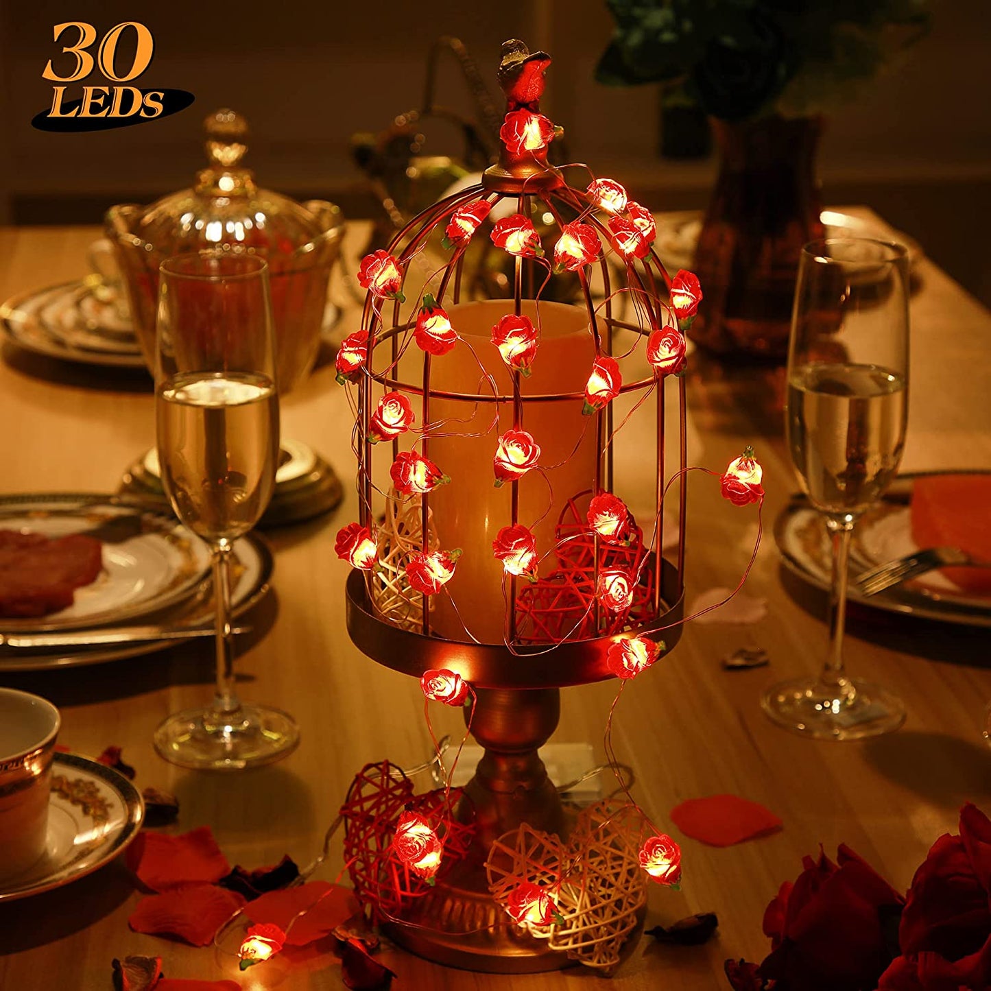 Fairy Romantic Red Rose String Lights, 30 LED 10 Ft Valentine's Day Flowers Lights w/ Timer