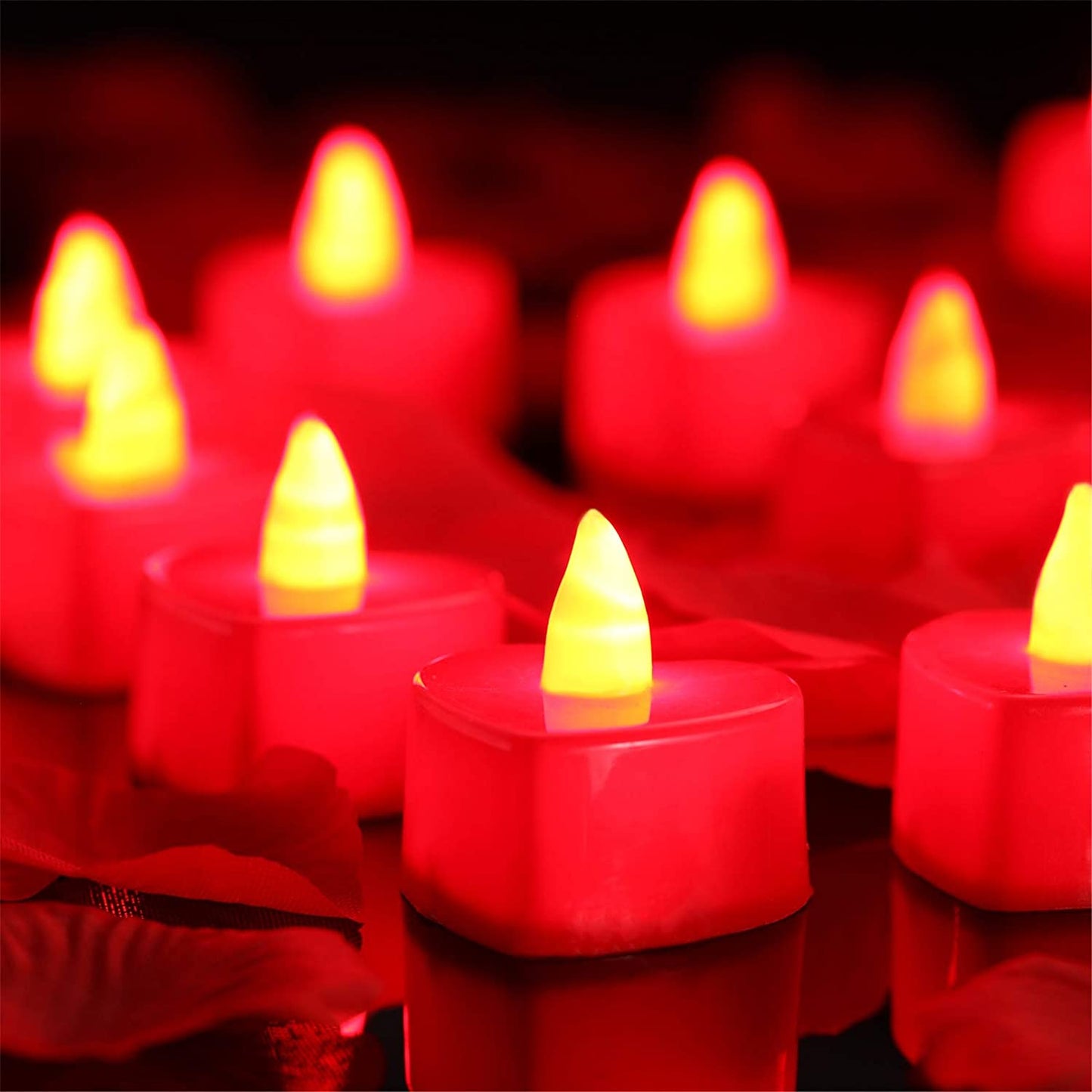 12 Pieces Heart Shape LED Tealight Candles w/ 200 Pieces Silk Rose Petals (Red Light, Red Petall)