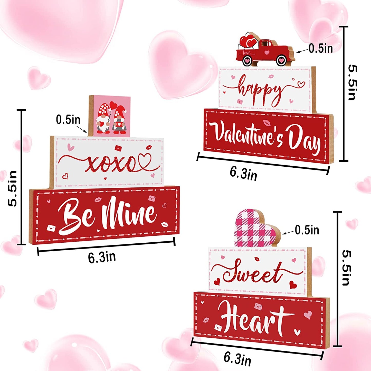 3 PCS Happy Valentine's Day Wooden Sign,  XOXO Be Mine, Sweet Heart