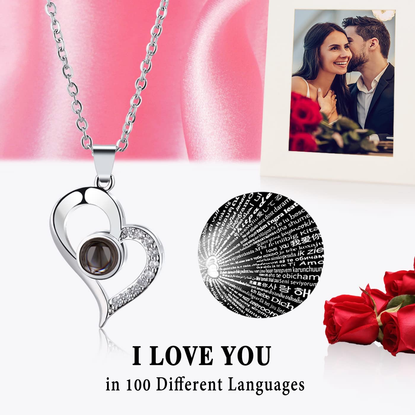 Valentines Day Gifts for Her, Rose Bear w/ I Love You Necklace 100 Languages (Pink)