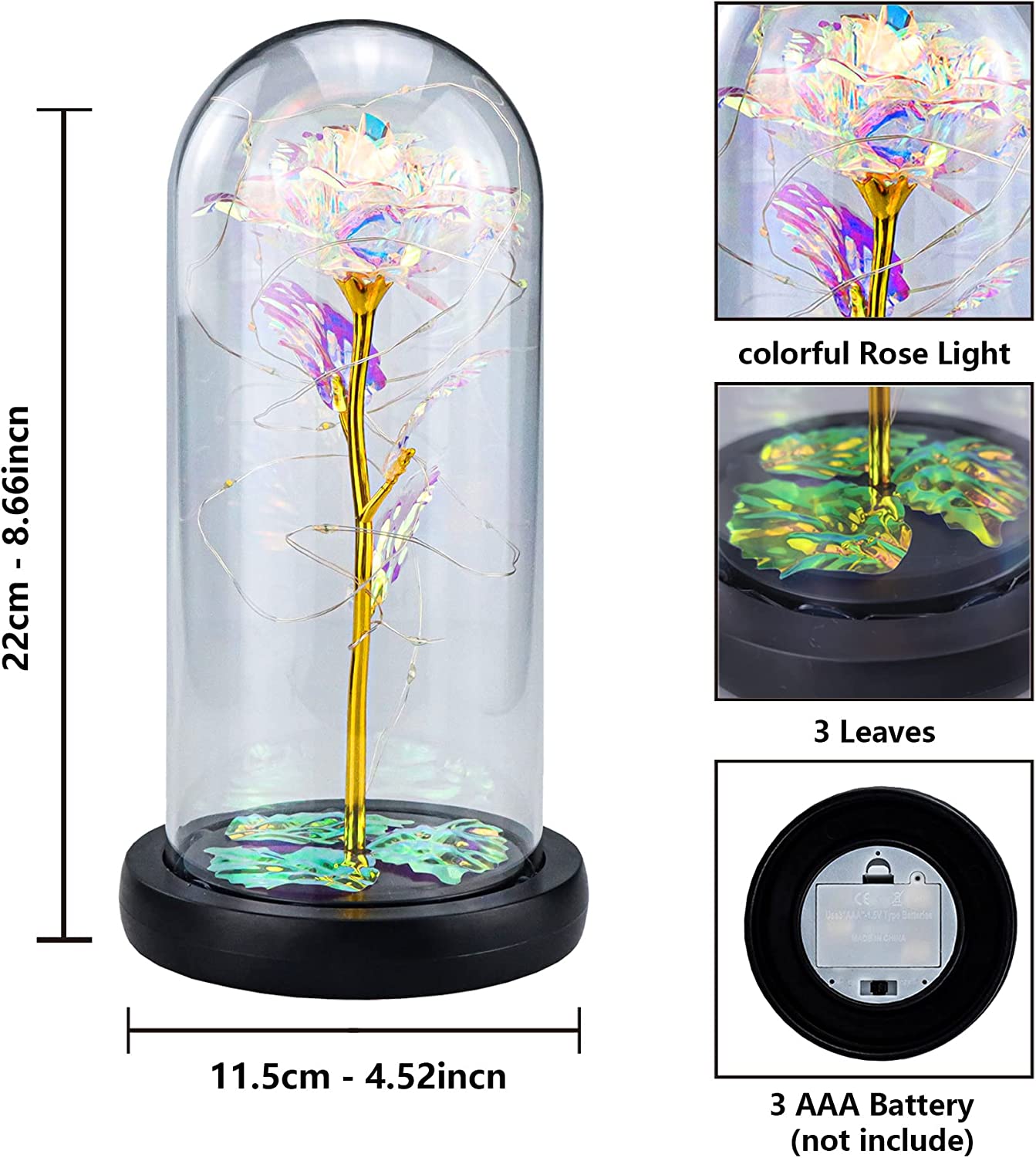 Galaxy Flower Rose Gift, Artificial Rose Flower LED Light String on Glass Colorful Flowers