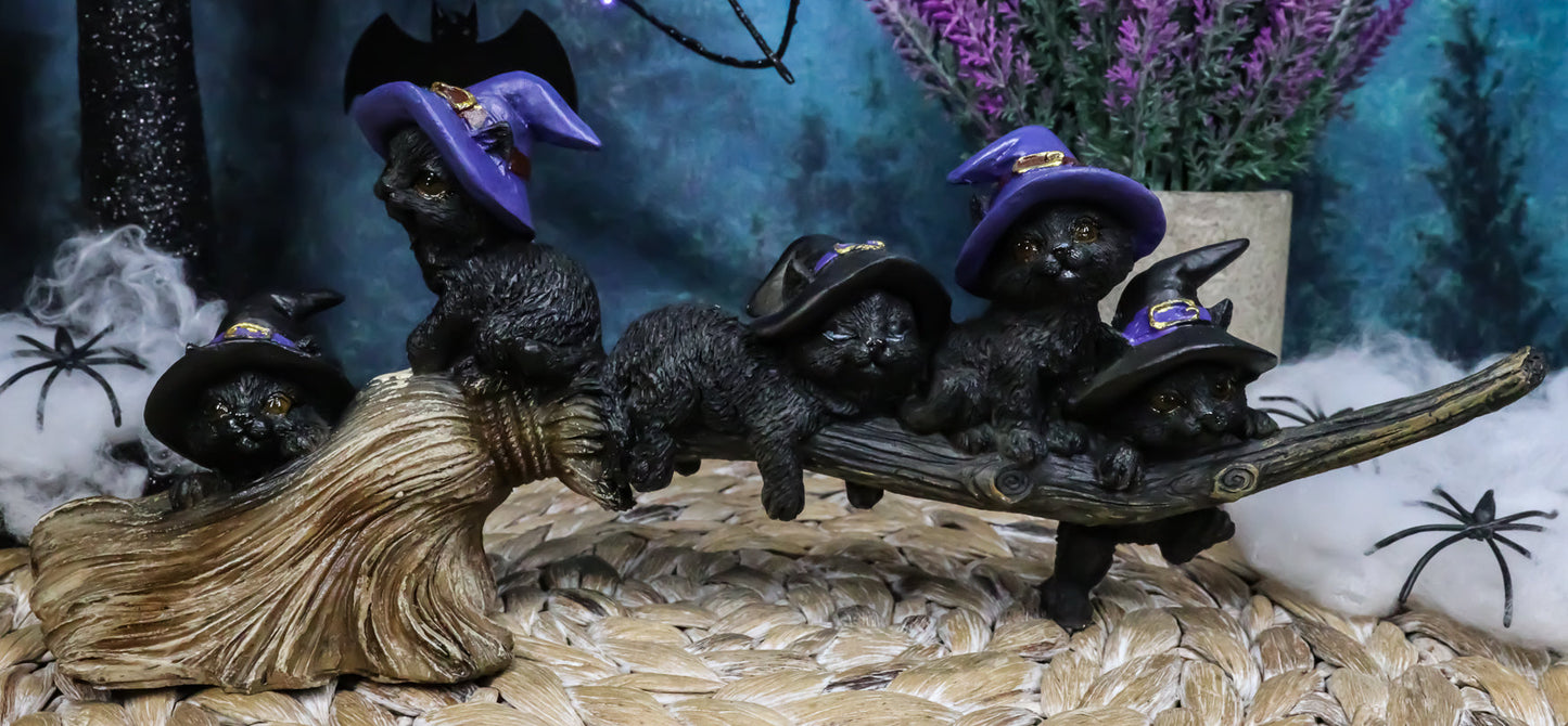 Halloween 5 Black Kitten Cats w/  Witch Hat  Figurine