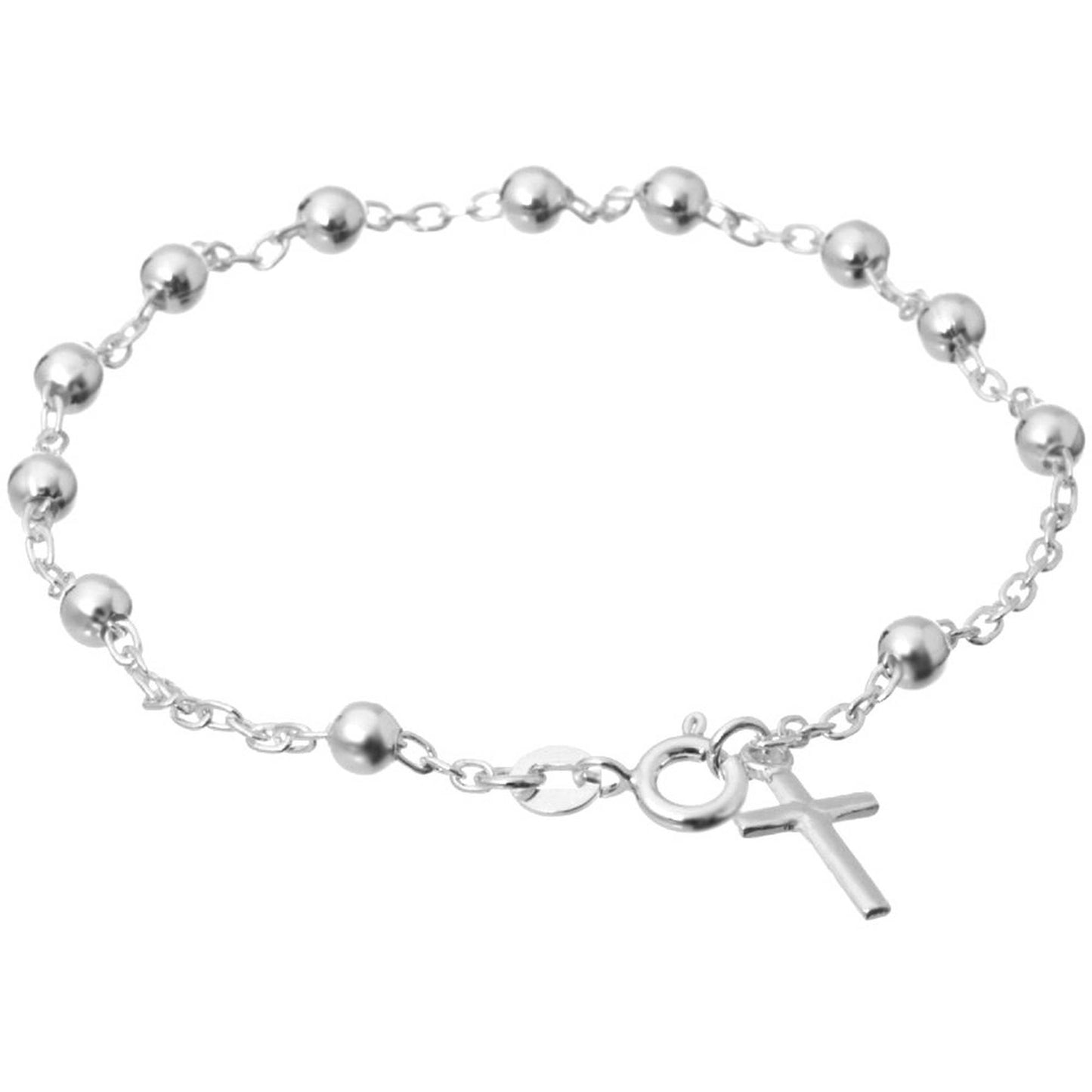 Italian Sterling Silver 3mm Round Bead Cross Bracelet, 7.5 for Women