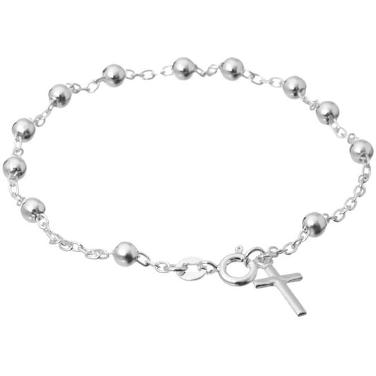 Italian Sterling Silver 3mm Round Bead Cross Bracelet, 7.5 for Women