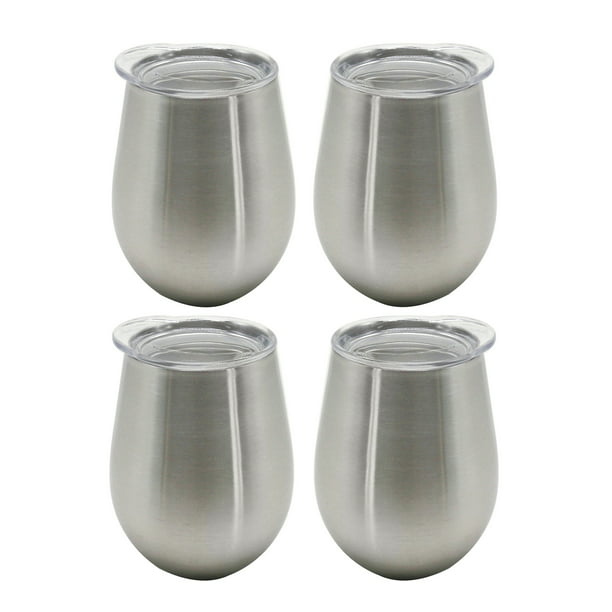 Double Wall Stainless Steel 10 oz (10 Fluid Ounces) Silver Wine Tumblers, 4 Pack