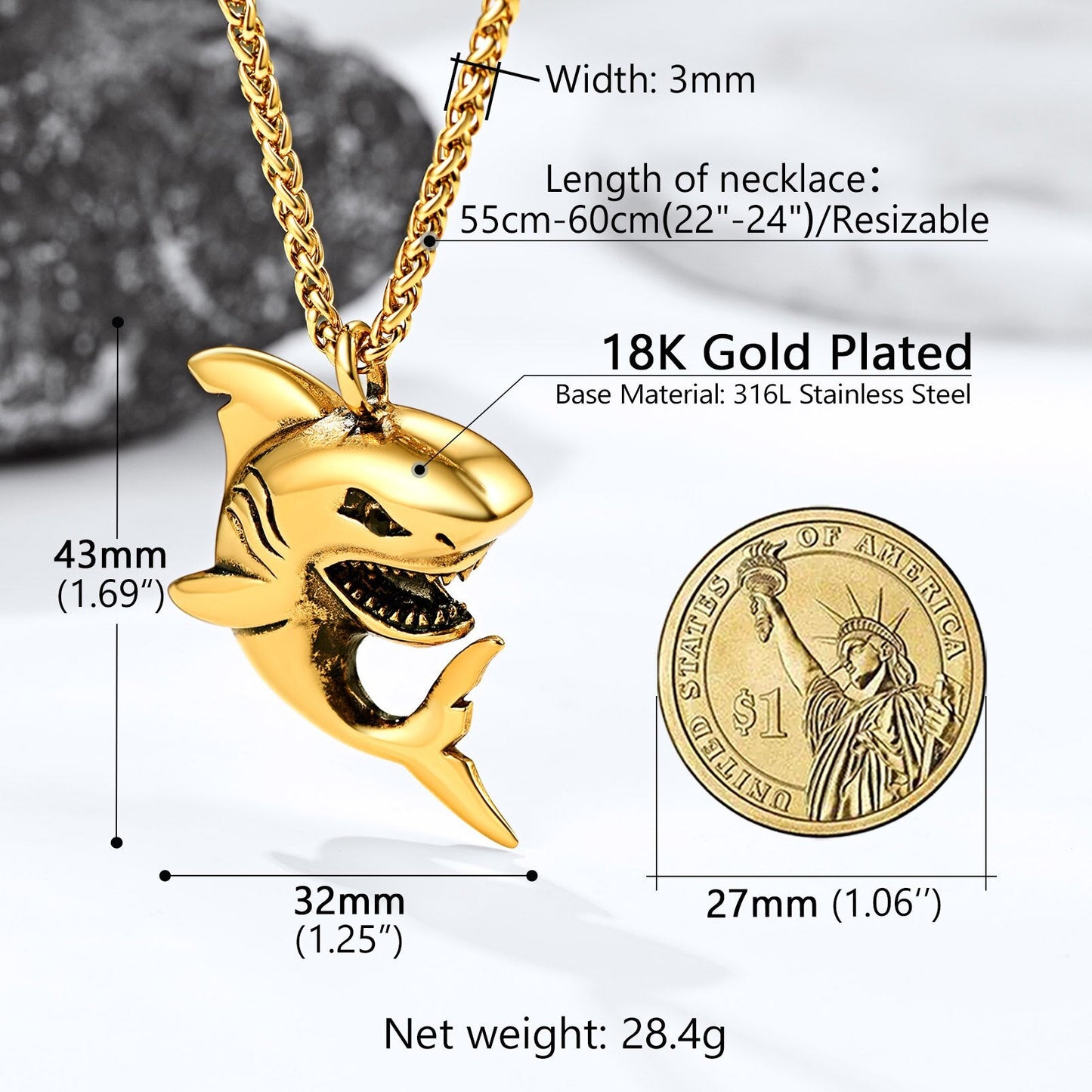 Shark Pendant Chain for Men Stainless Steel Punk Necklace