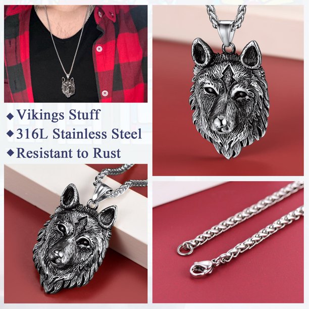 Norse Viking Wolf Pendant Necklace for Men Stainless Steel Scandinavia Jewelry Amulet - Silver