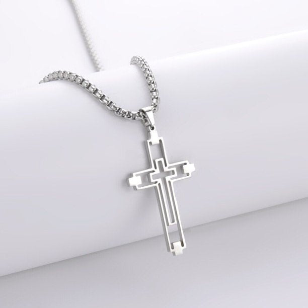 Silver Vintage Cross Pendant Necklaces for Men Women Stainless Steel Necklace Box Chain