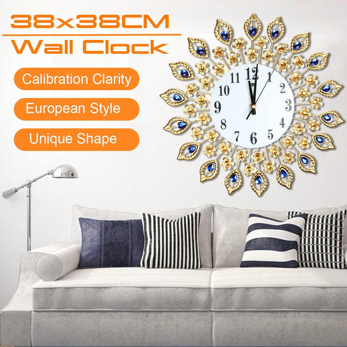 15" Large 3D Wall Clock Watch  w/ Peacock Diamonds for Home Decoration