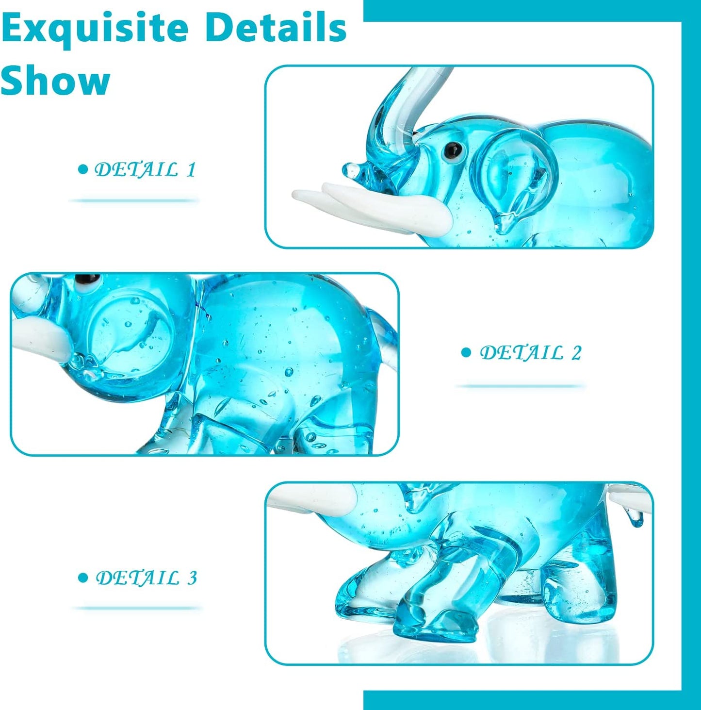 2pcs Hand Blown Glass Elephant Figurines for Home Decoration- Blue