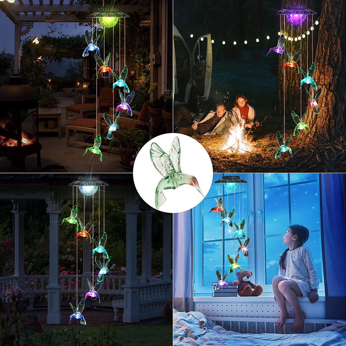 LED Hummingbird Color Changing Outdoor Indoor Waterproof  Solar Wind Chimes