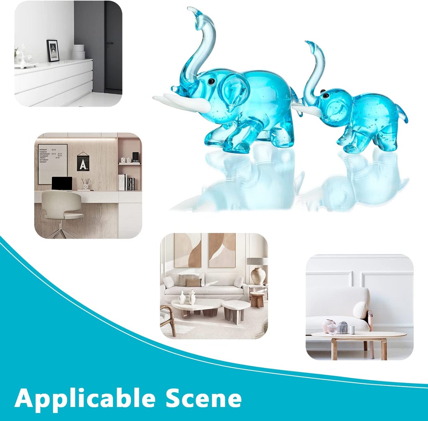 2pcs Hand Blown Glass Elephant Figurines for Home Decoration- Blue