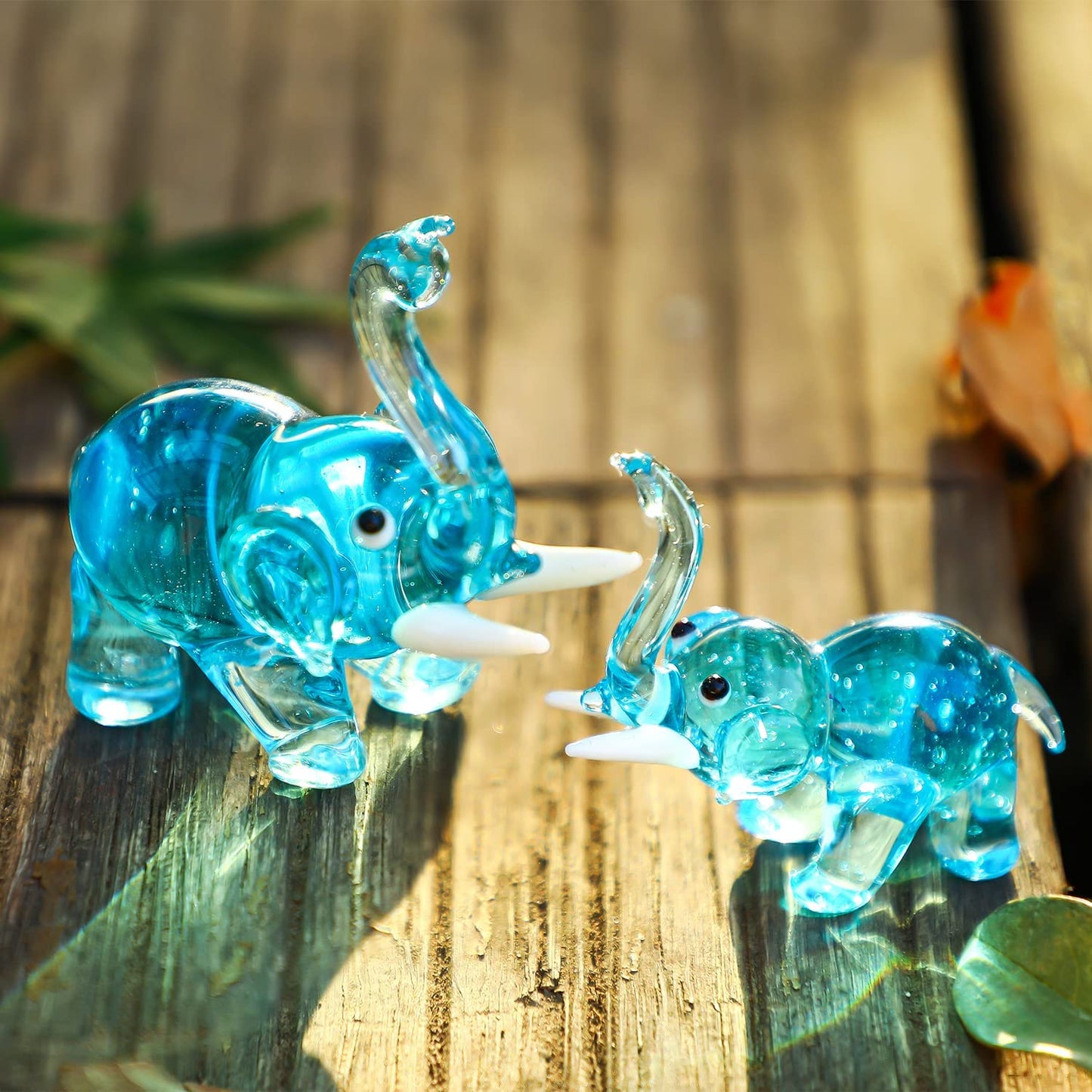 2pcs Hand Blown Glass Elephant Figurines for Home Decoration- Blue