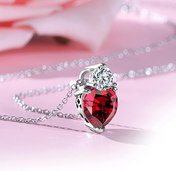 Queen of Hearts Necklace 925 Sterling Silver Chain Birthstone Red Heart