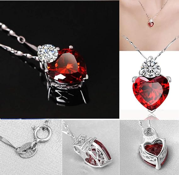 Queen of Hearts Necklace 925 Sterling Silver Chain Birthstone Red Heart