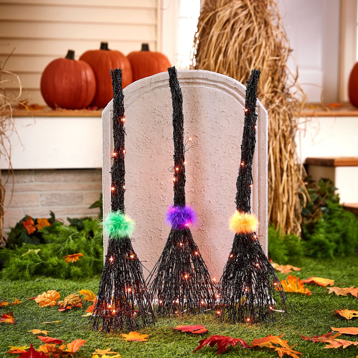 Lighted Halloween Witches Brooms Garden Stakes - Set of 3
