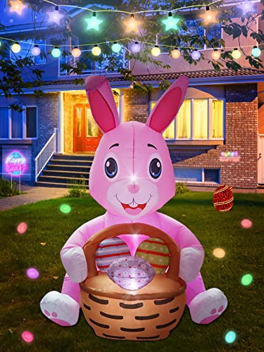 6FT Easter Inflatables Pink Bunny Outdoor Decor w/ Build-in LED Light