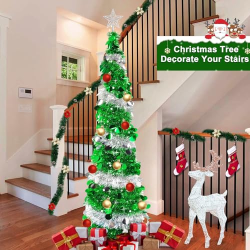 Dual Color Change Lights & Timer - 5 Ft Tinsel Christmas Tree Ball Ornaments Star Pop up Christmas Tree Battery