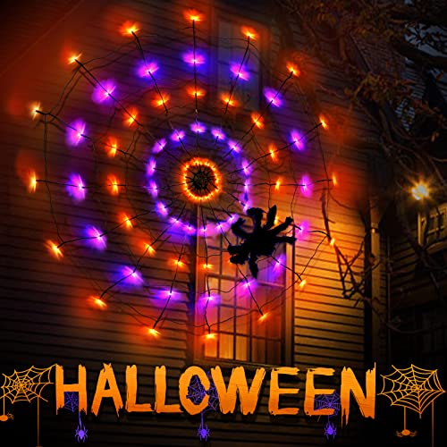 3.9FT Diameter 80 LED Halloween Spider Web Lights w/ Black Spider