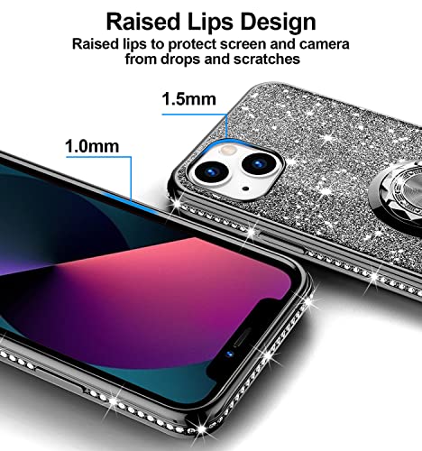 Phone Case for iPhone 13, Glitter Protective Case w/ 360 Degree Ring Stand