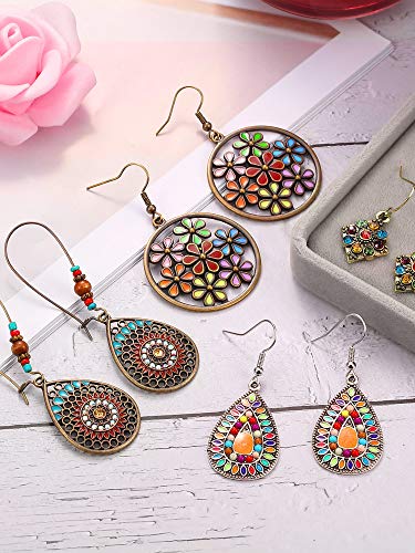 Adjustable Necklace Handmade Woven Bracelet w/ 4 Pairs Bohemian Earrings Set for Women