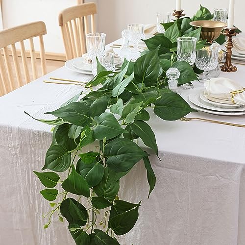 2 Strands Artificial Vines Scindapsus Garland 6FT Real Touch Fake Vine with Silk Green Leaves Faux Hanging Plants