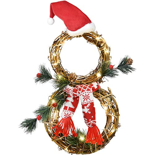 16 x 8 Inch Lighted Christmas Wreath Decoration, Grapevine Wreath with Hat and Scarf Snowman Shape Wreath