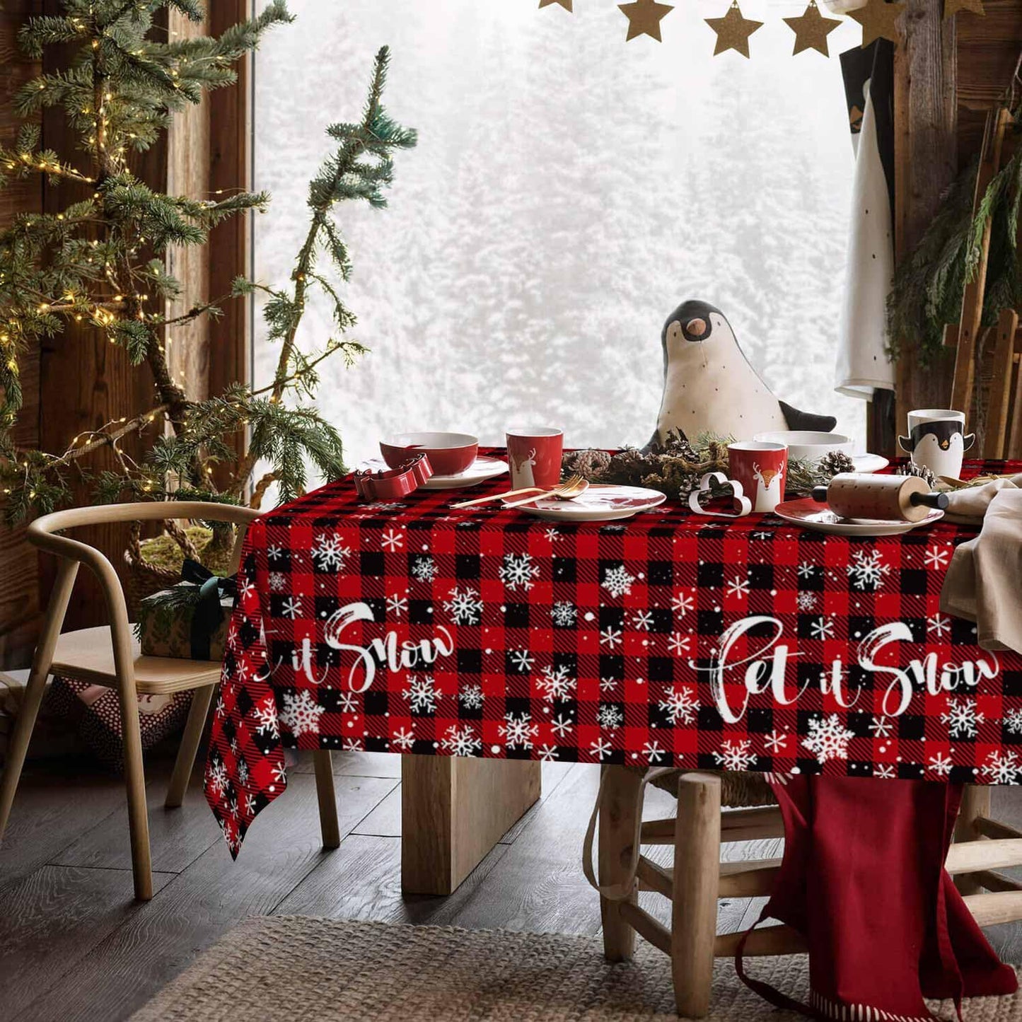 3 Pack Christmas Disposable Tablecloth, Red Black Buffalo Plaid Plastic Rectangular Table Cover  54×108 Inch