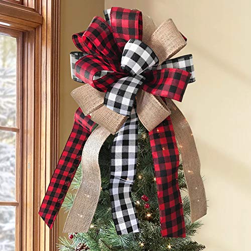 Christmas Tree Topper - Buffalo Plaid Red Black Burlap Decoration