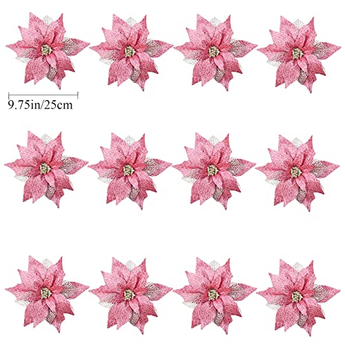 12Pcs Poinsettia Flowers Glitter Christmas Ornaments