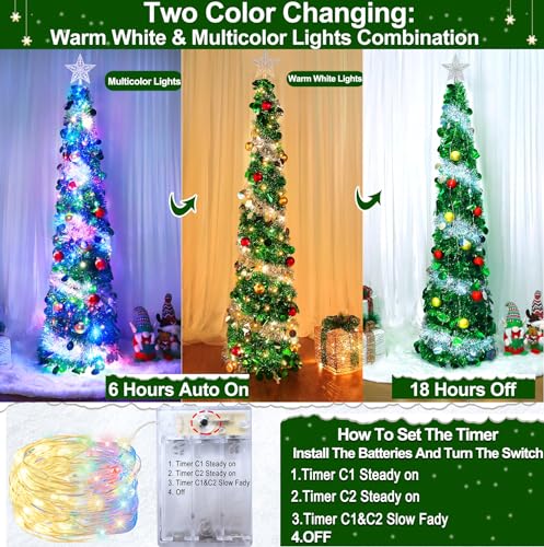 Dual Color Change Lights & Timer - 5 Ft Tinsel Christmas Tree Ball Ornaments Star Pop up Christmas Tree Battery