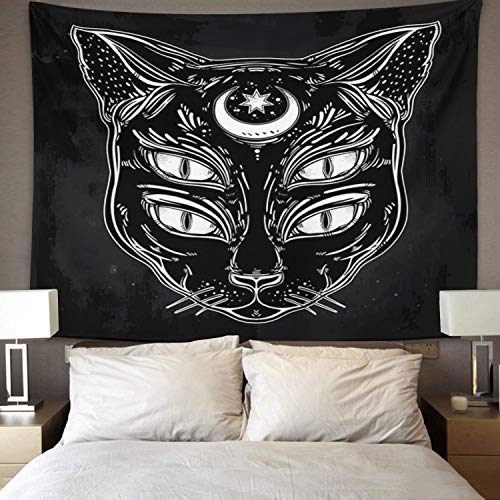 Tapestry Black Cat Head Portrait Moon and Four Eyes Eyed Home