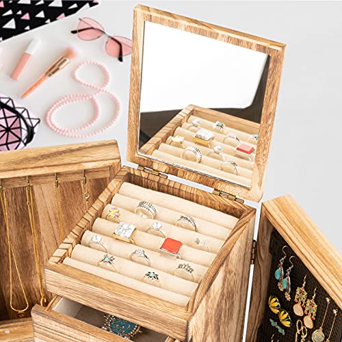 Jewelry Box Wood, 5-Layer Large Organizer w/ Mirror & 4 Drawers