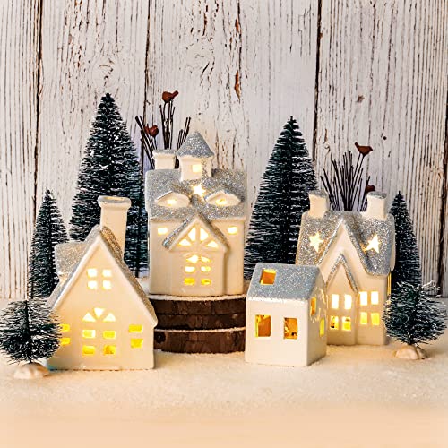 4 Pcs Ceramic Christmas Village Houses w/ 8 Pcs Christmas Trees