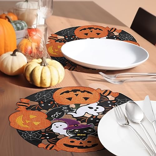 Embroidered Black Round Placemats 15 Inches, Thanksgiving Fall Pumpkins Table Decorations