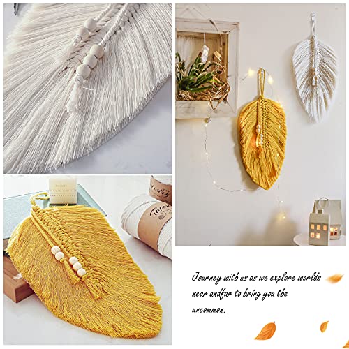 Cotton Macrame Feather Leaf w/  Wooden Beads Wall Decoration