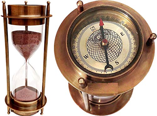 7" Nautical Brass Sand Timer Hourglass w/ Maritime Brass Compass Table Decoation