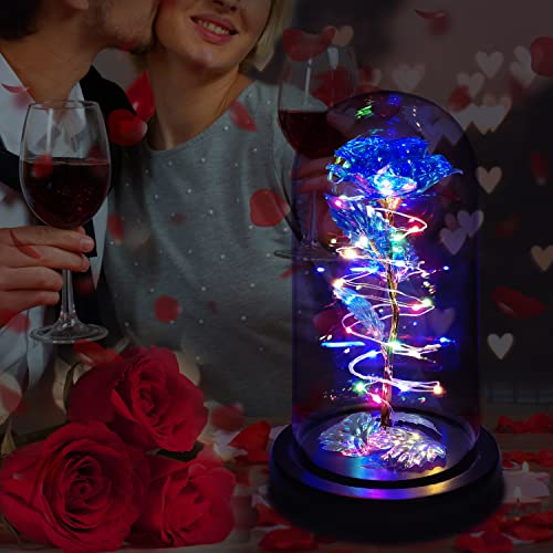 Rotating Romantic Roses Light Up Rose in Glass Dome, Spinning Colorful Artificial Rose Flower Gifts for Her