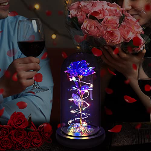 Rotating Romantic Roses Light Up Rose in Glass Dome, Spinning Colorful Artificial Rose Flower Gifts for Her