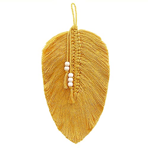 Cotton Macrame Feather Leaf w/  Wooden Beads Wall Decoration