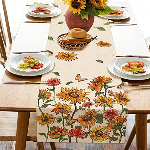 Fall Sunflower Table Runner, Autumn Floral Flower Butterfly Farmhouse Kitchen Dining Table Decor,